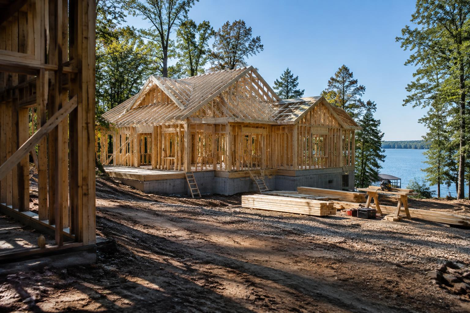 Custom lake home at the framing stage