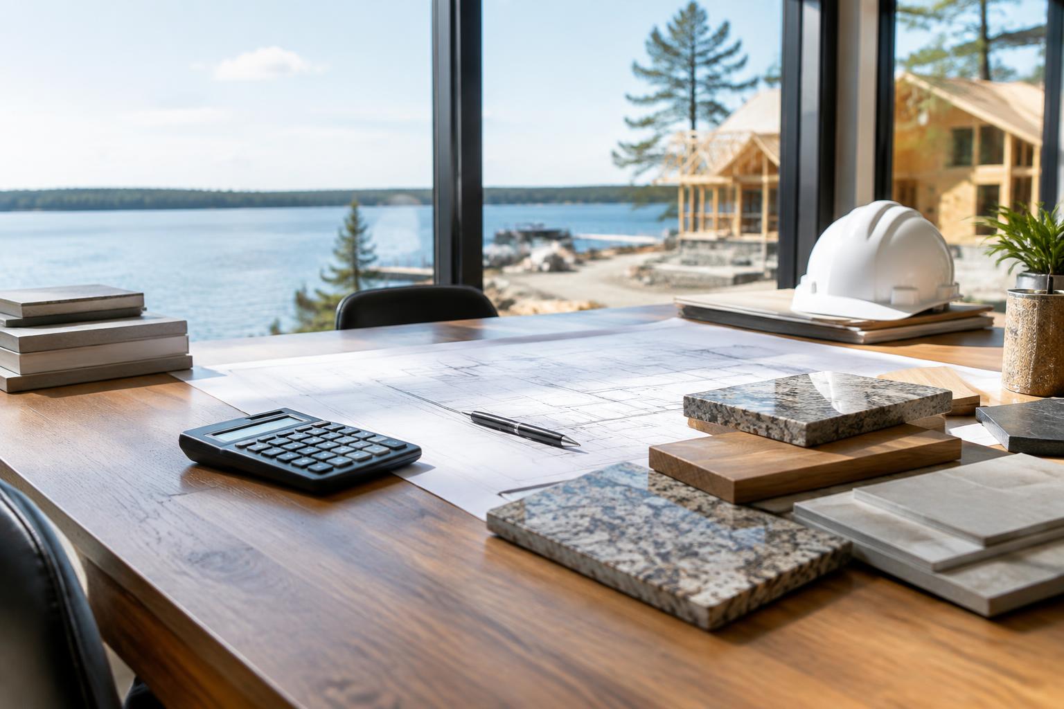 Construction plans and finish samples for a custom lake home