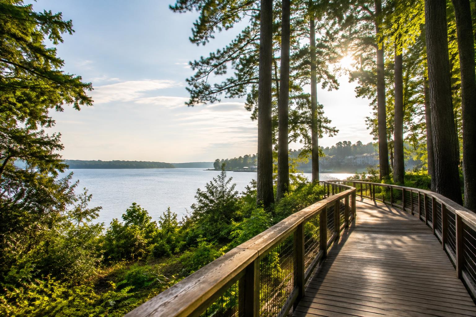 Lake Norman boardwalk along a tree-lined shore