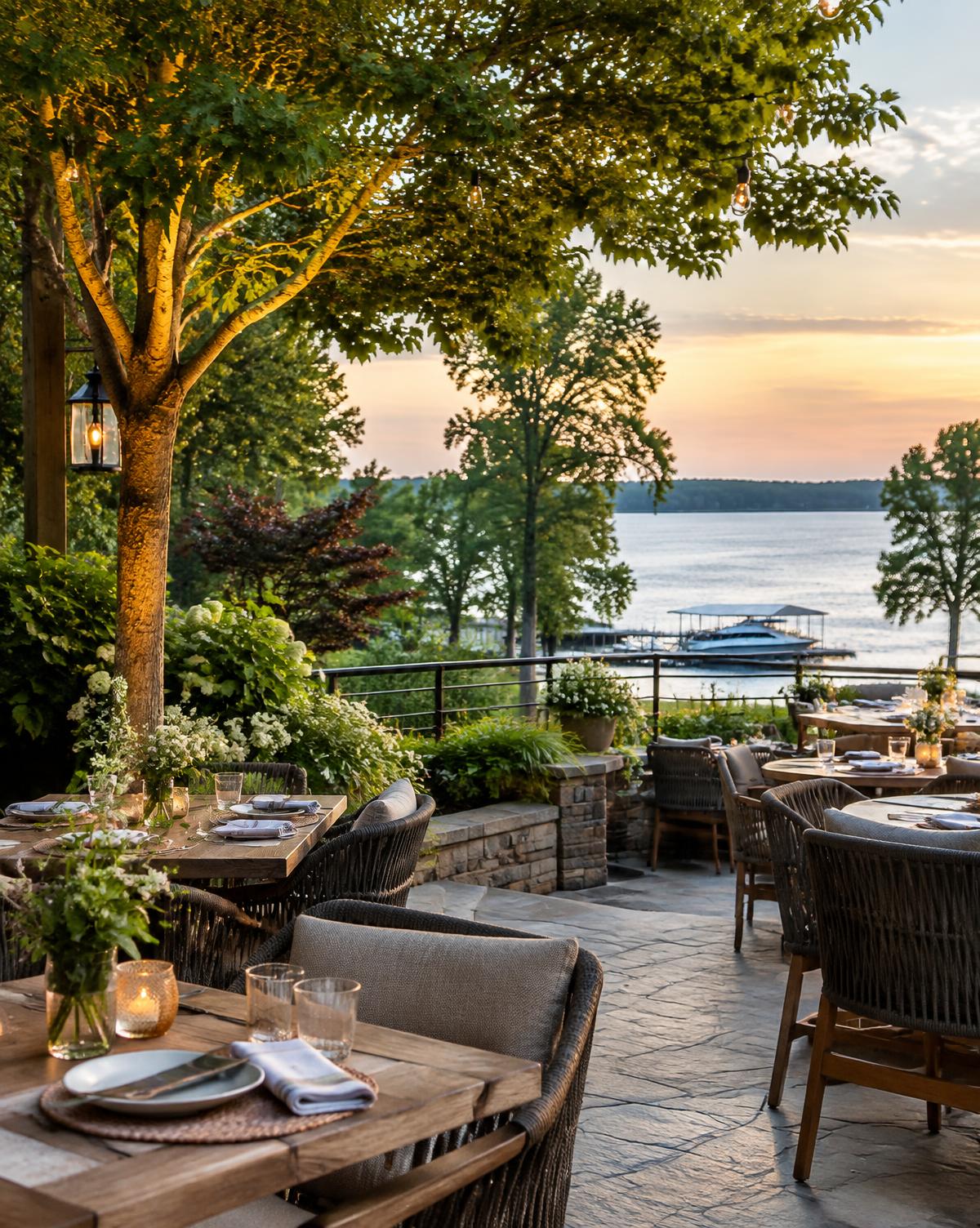 Lakeside dining terrace at sunset